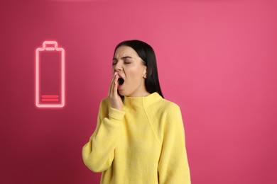 Image of Tired woman yawning and illustration of discharged battery on pink background