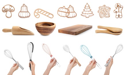 Image of Women holding different whisks, set of closeup photos. Different kitchen utensils on white background