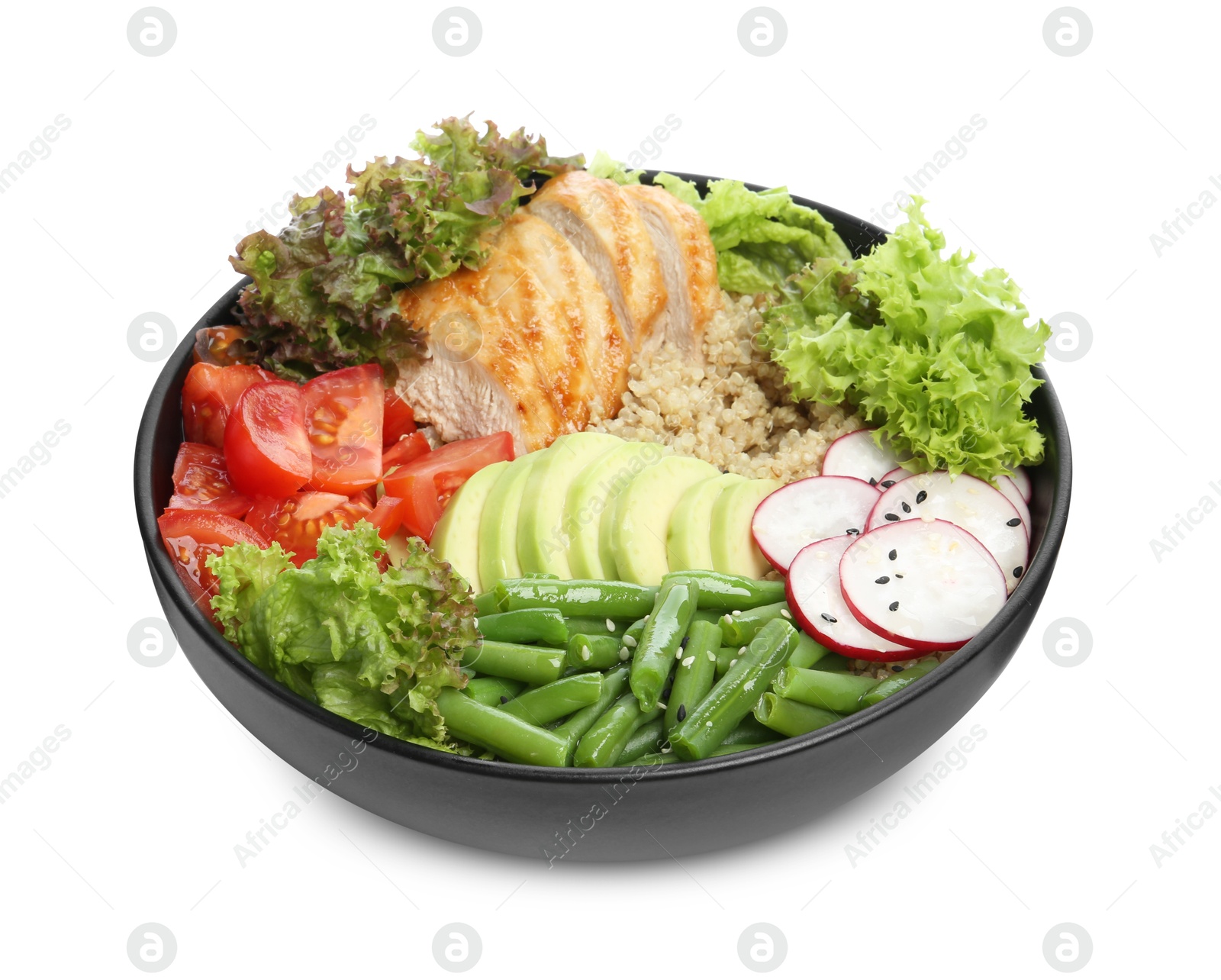 Photo of Healthy meal. Tasty vegetables, quinoa and chicken breast in bowl isolated on white