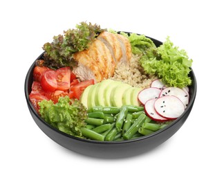 Photo of Healthy meal. Tasty vegetables, quinoa and chicken breast in bowl isolated on white