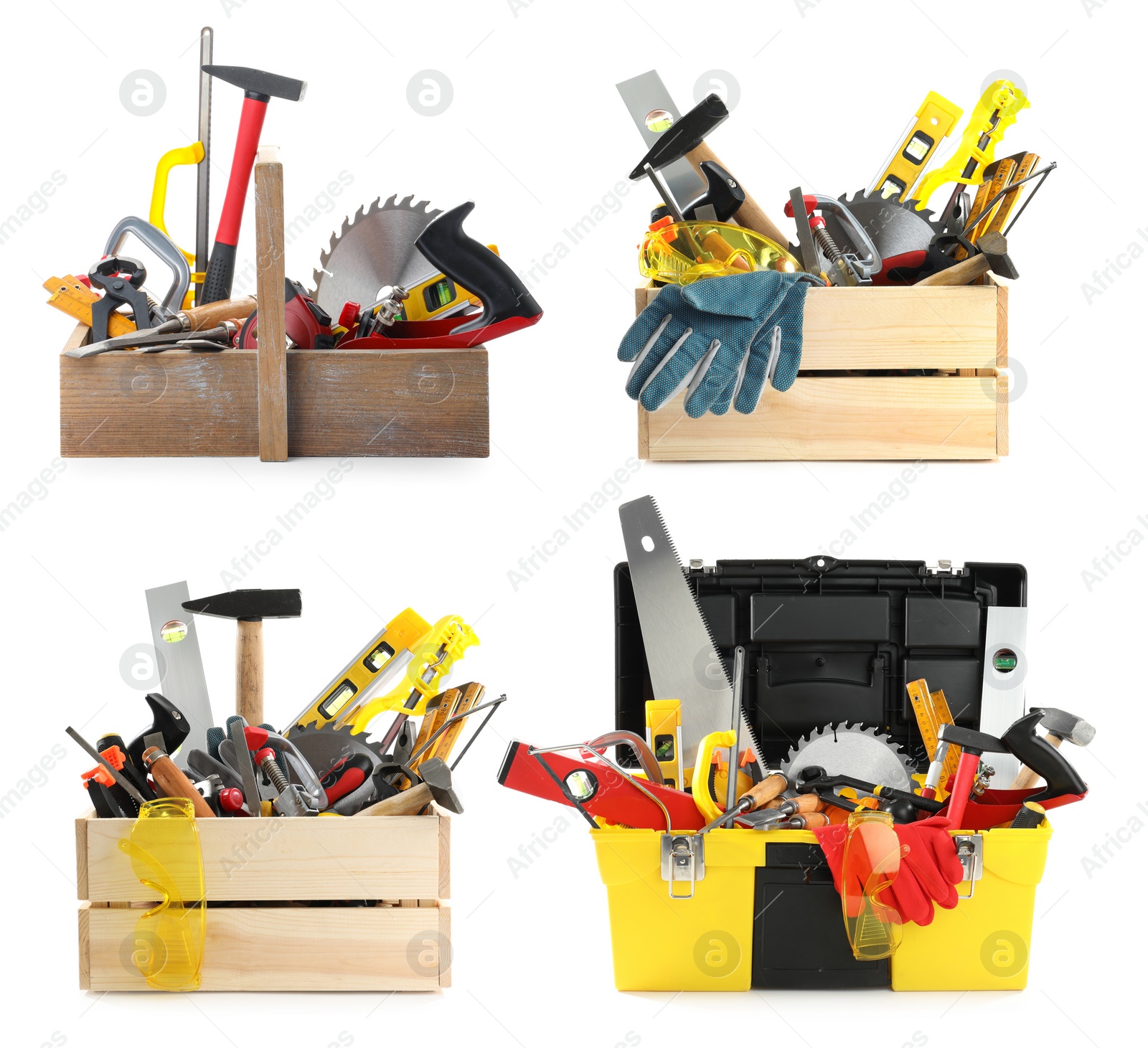 Image of Collage with different modern carpenter's tools on white background