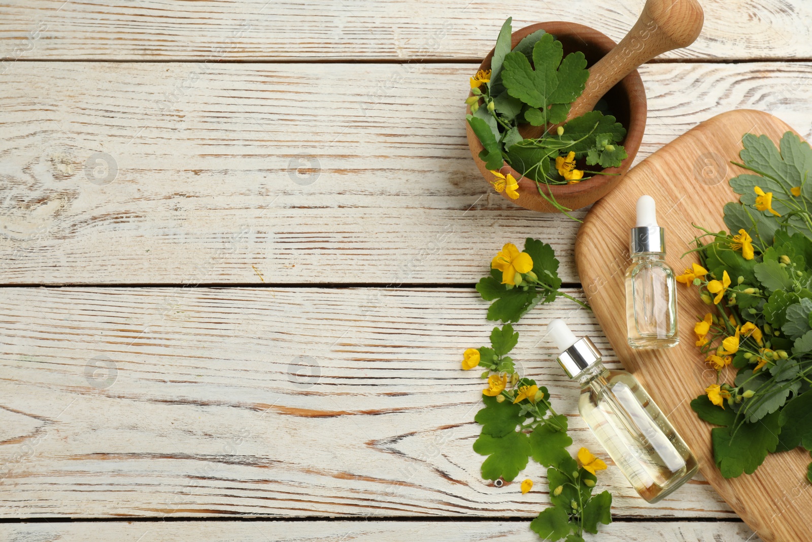 Photo of Bottles of natural celandine oil, mortar with pestle and flowers on white wooden table, flat lay. Space for text