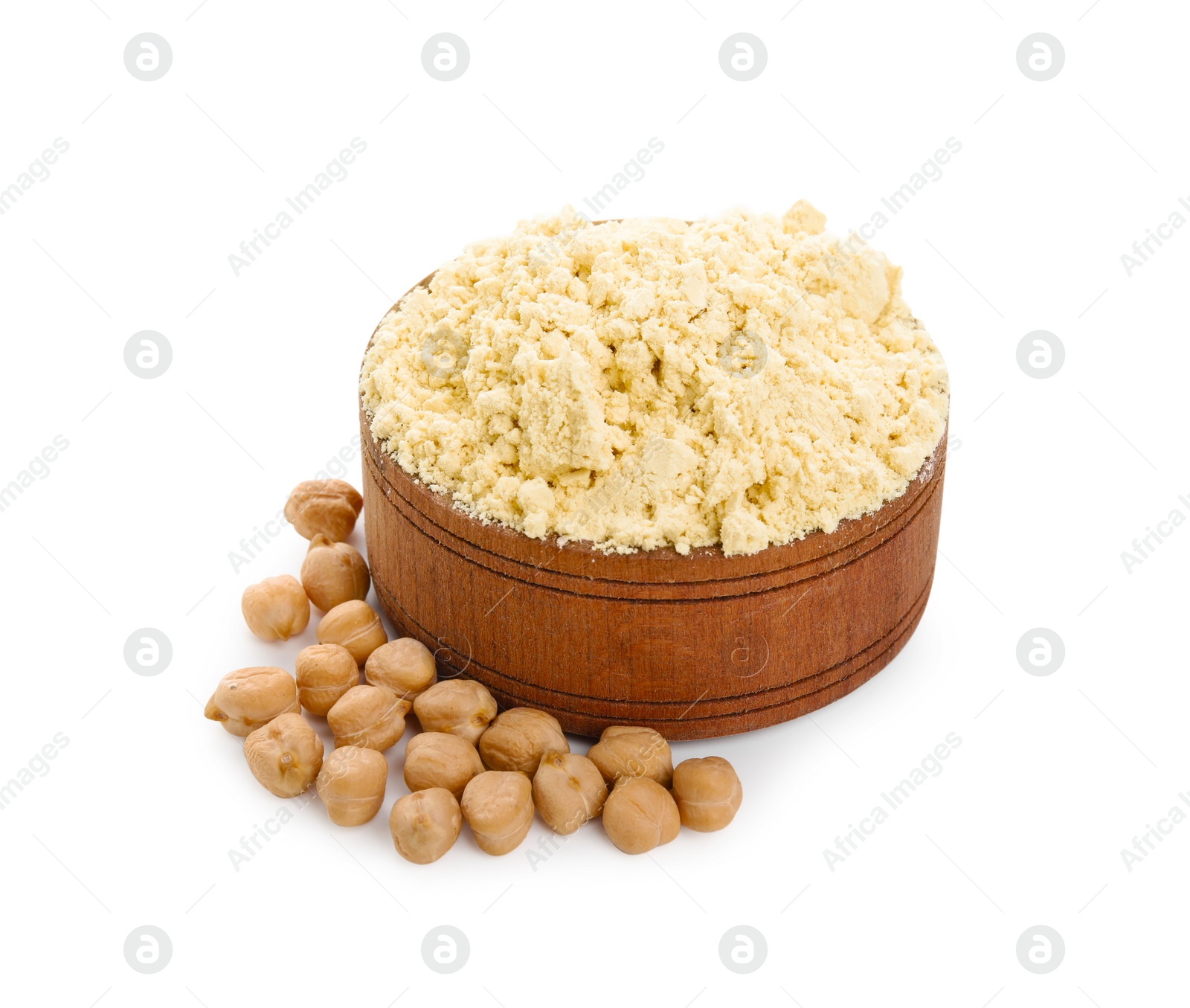 Photo of Chickpea flour in wooden bowl and seeds isolated on white