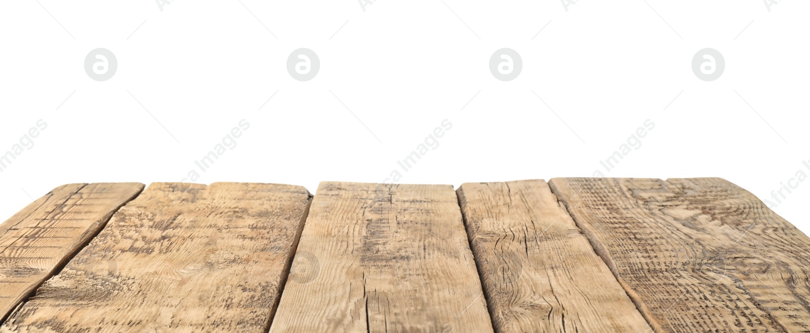 Photo of Empty wooden surface against white background. Mockup for design