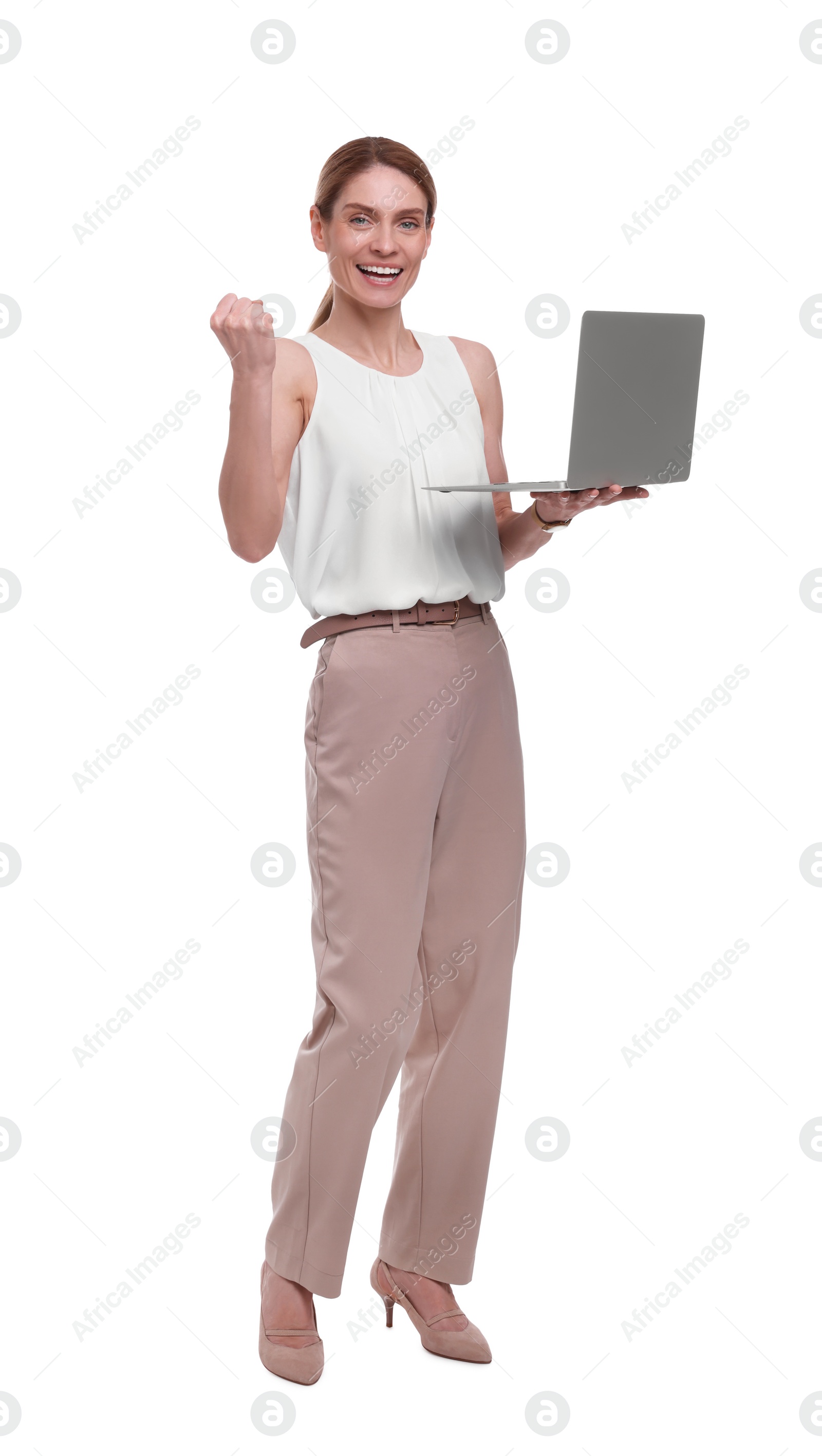 Photo of Beautiful excited businesswoman with laptop on white background