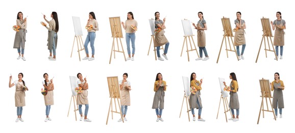 Image of Young women drawing on easels against white background, collage. Banner design