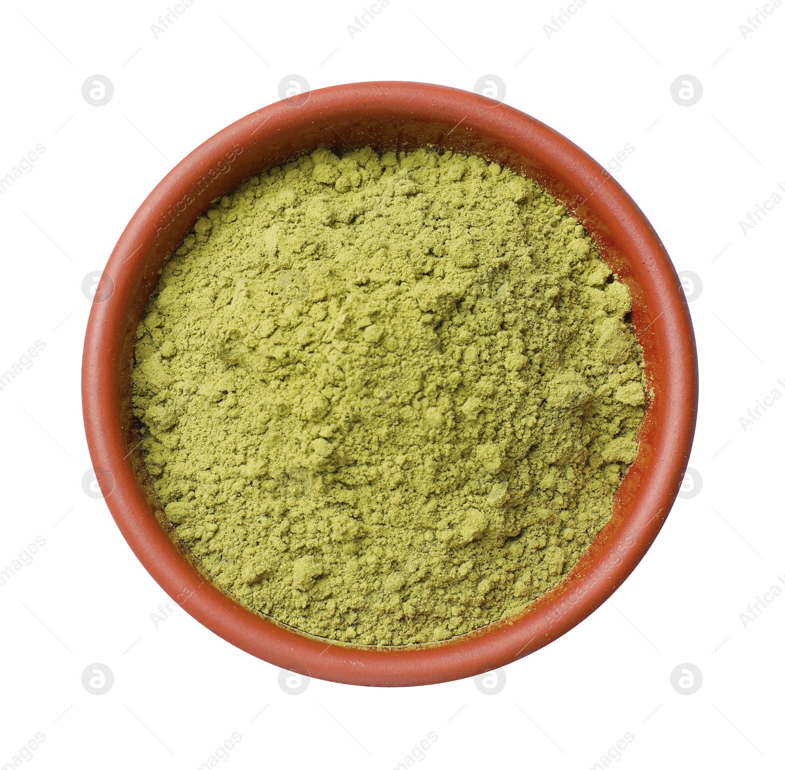 Photo of Henna powder in bowl isolated on white, top view