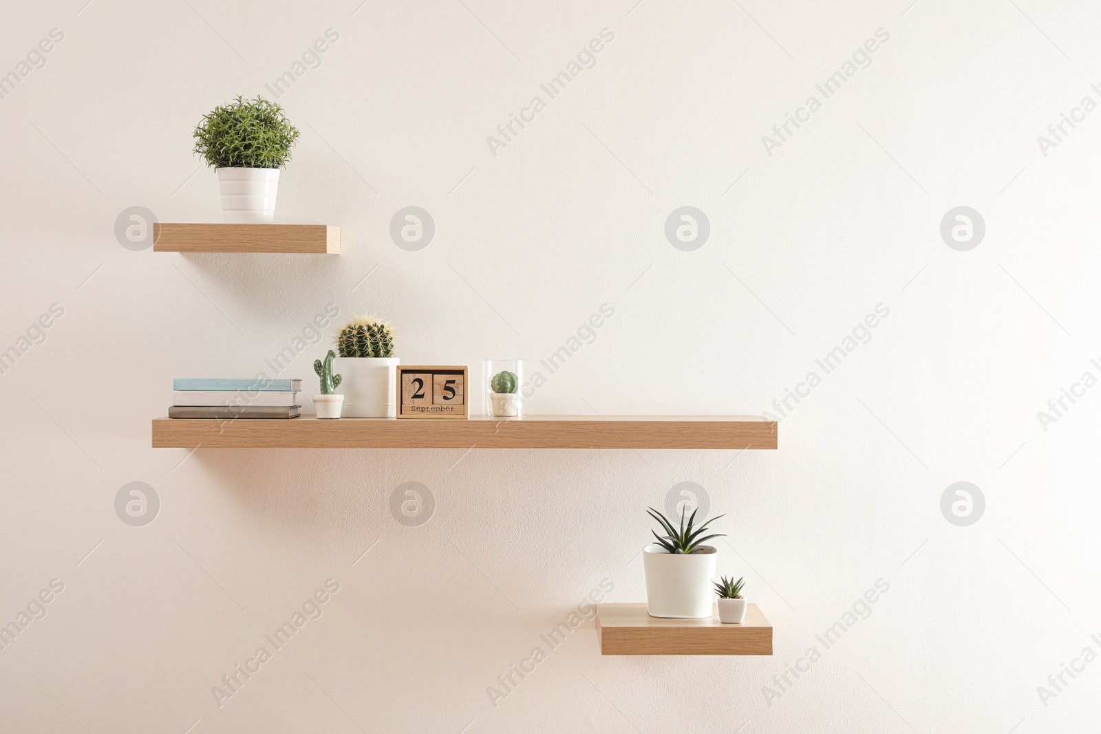 Photo of Wooden shelves with beautiful plants and calendar on light wall