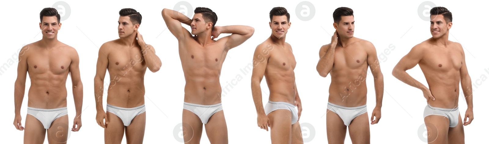 Image of Collage of man in underwear on white background