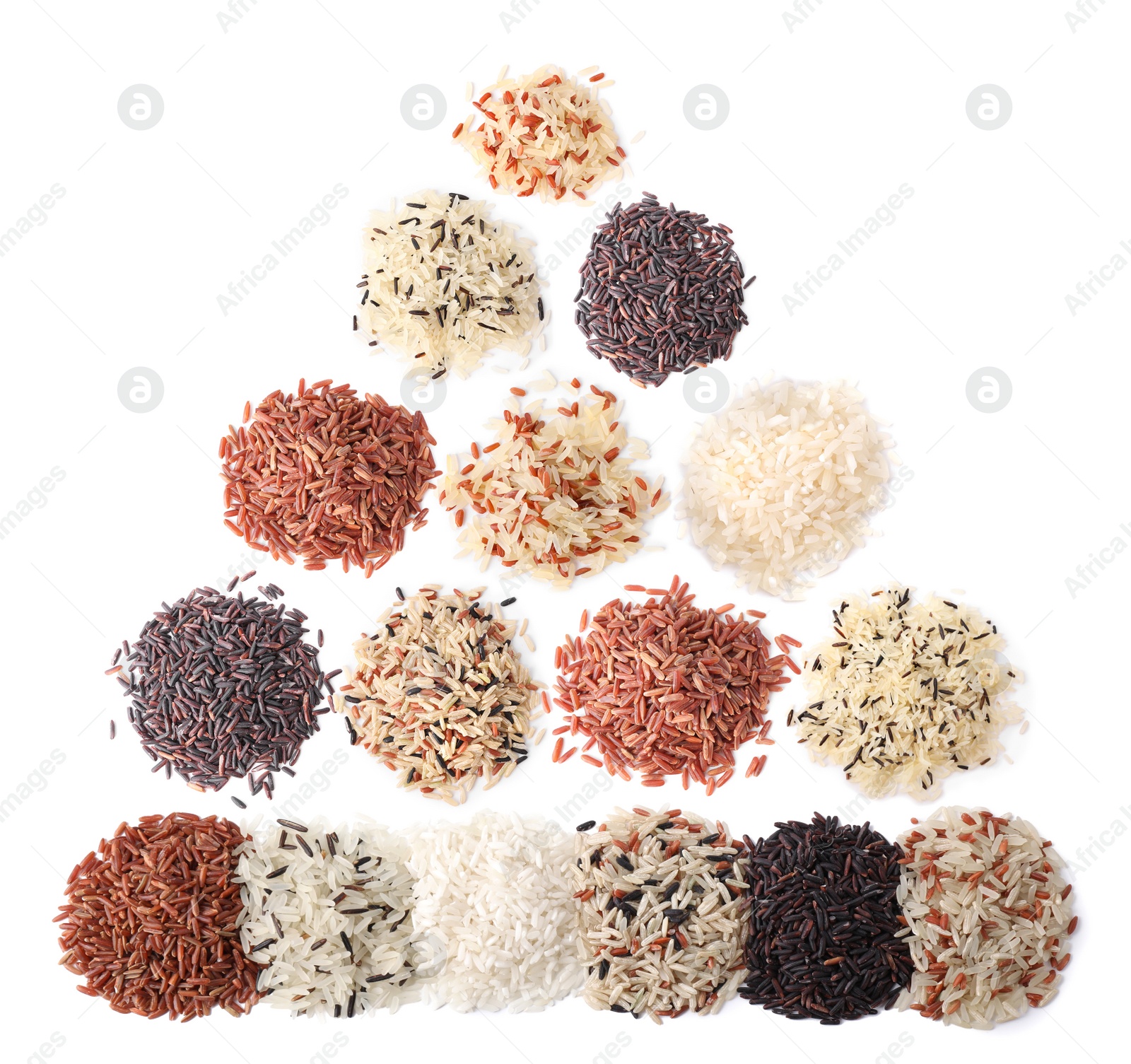 Image of Set with different types of rice on white background, top view