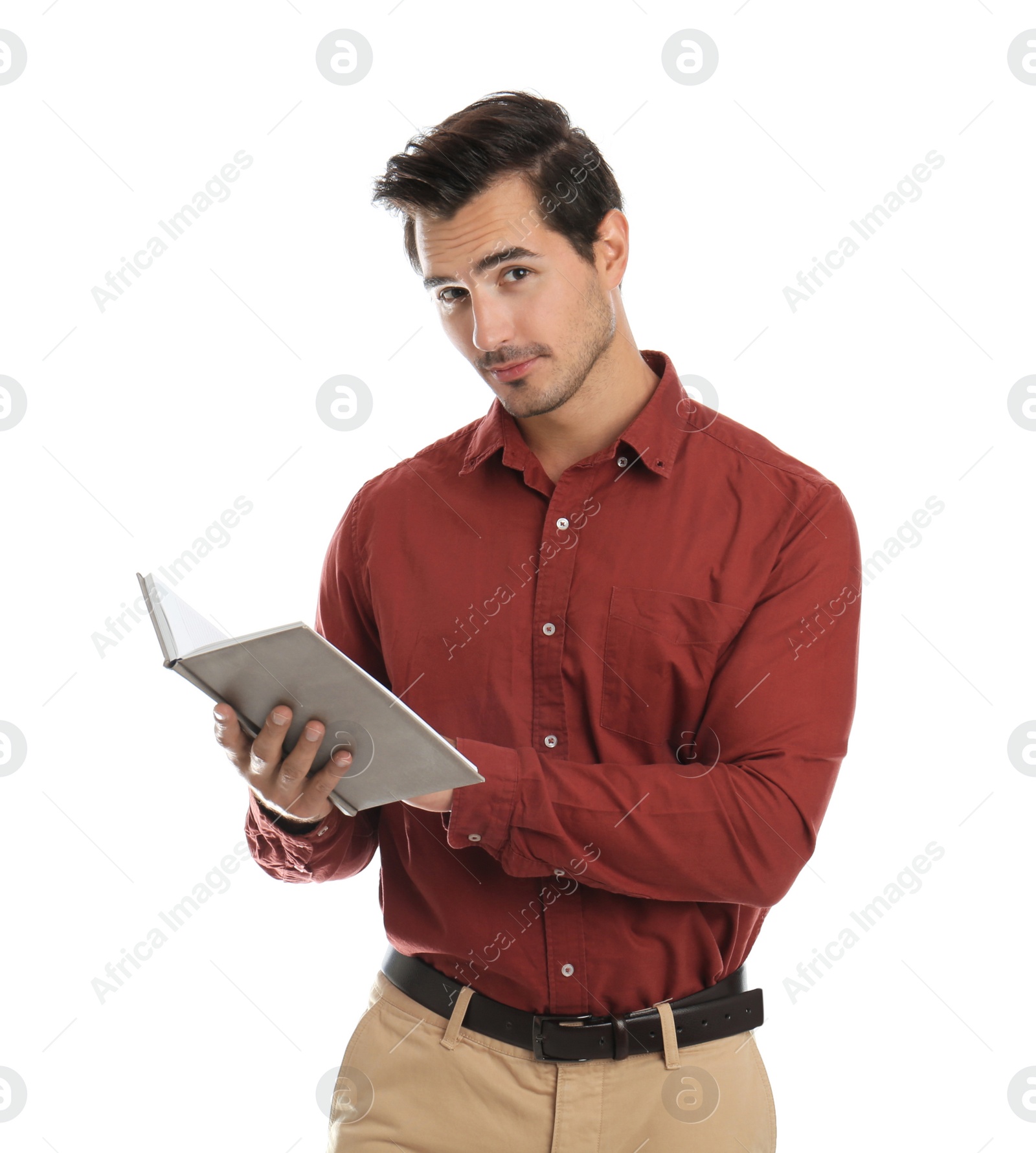 Photo of Young male teacher with book on white background