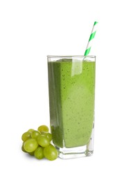 Glass of detox smoothie and grapes on white background