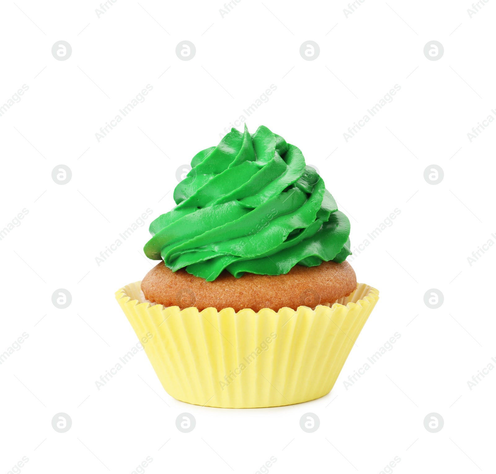 Photo of Delicious cupcake with green cream isolated on white