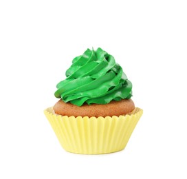 Delicious cupcake with green cream isolated on white