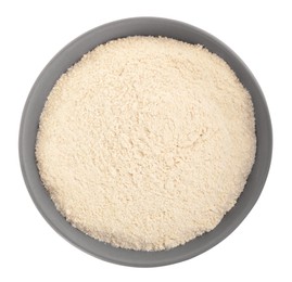 Photo of Ceramic bowl with quinoa flour on white background, top view