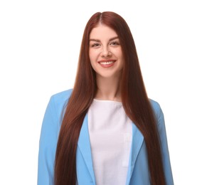 Photo of Portrait of smiling businesswoman on white background