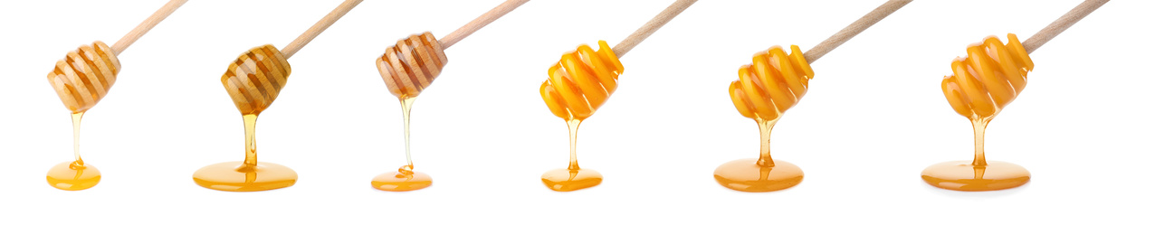 Image of Set of organic delicious honey on white background. Banner design 