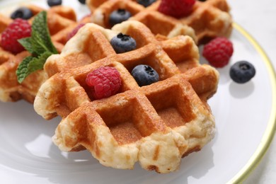 Photo of Delicious Belgian waffles with fresh berries and mint on plate, closeup