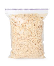 Natural sawdust in zip bag isolated on white