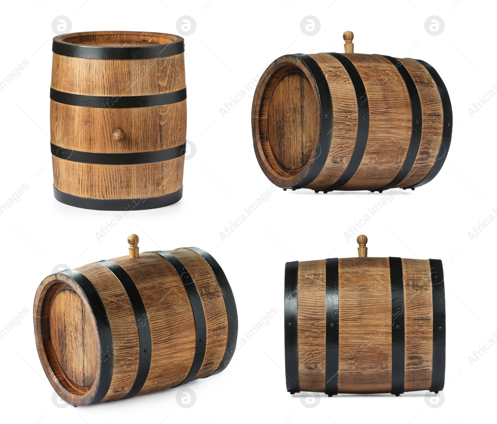 Image of Collage of wooden barrel on white background, different sides