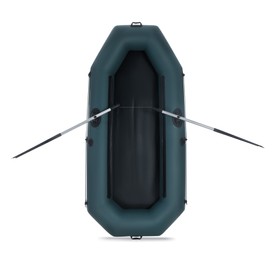 Inflatable rubber fishing boat with aluminium oars isolated on white