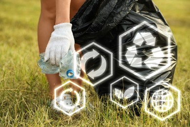 Woman trash bag full of garbage in nature, closeup. Recycling and other icons around her