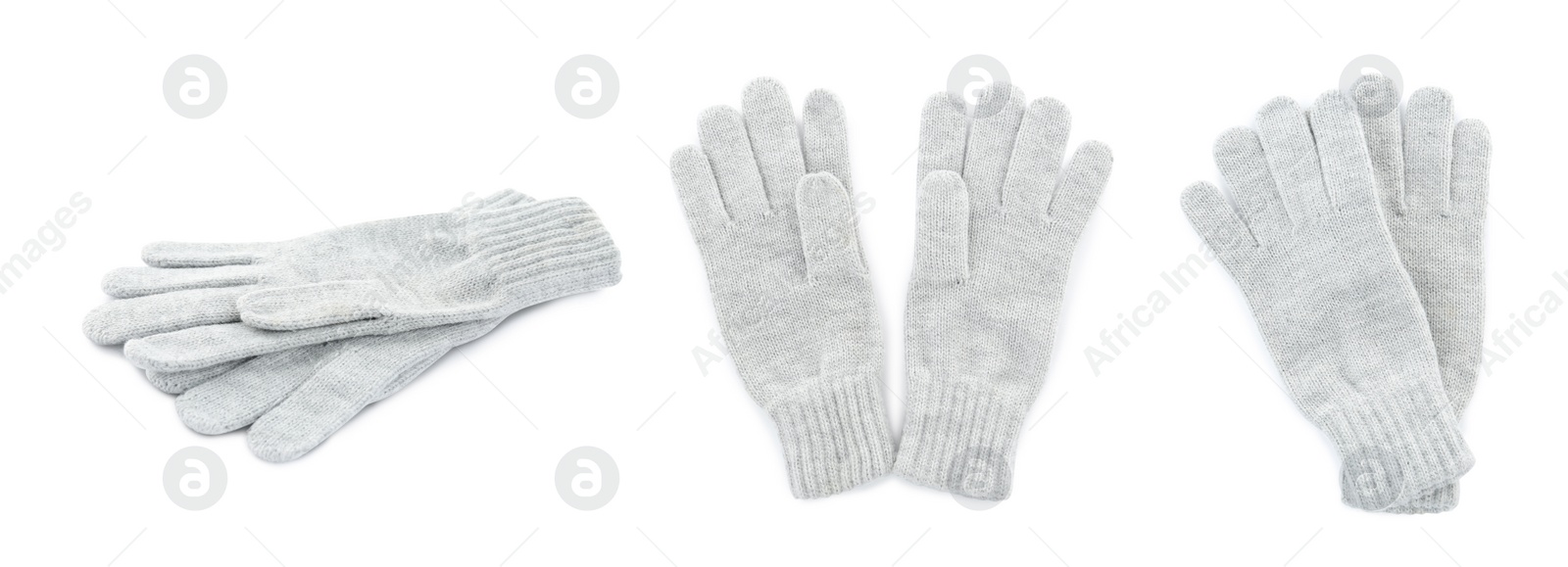 Image of Set of light grey woolen gloves on white background. Banner design 