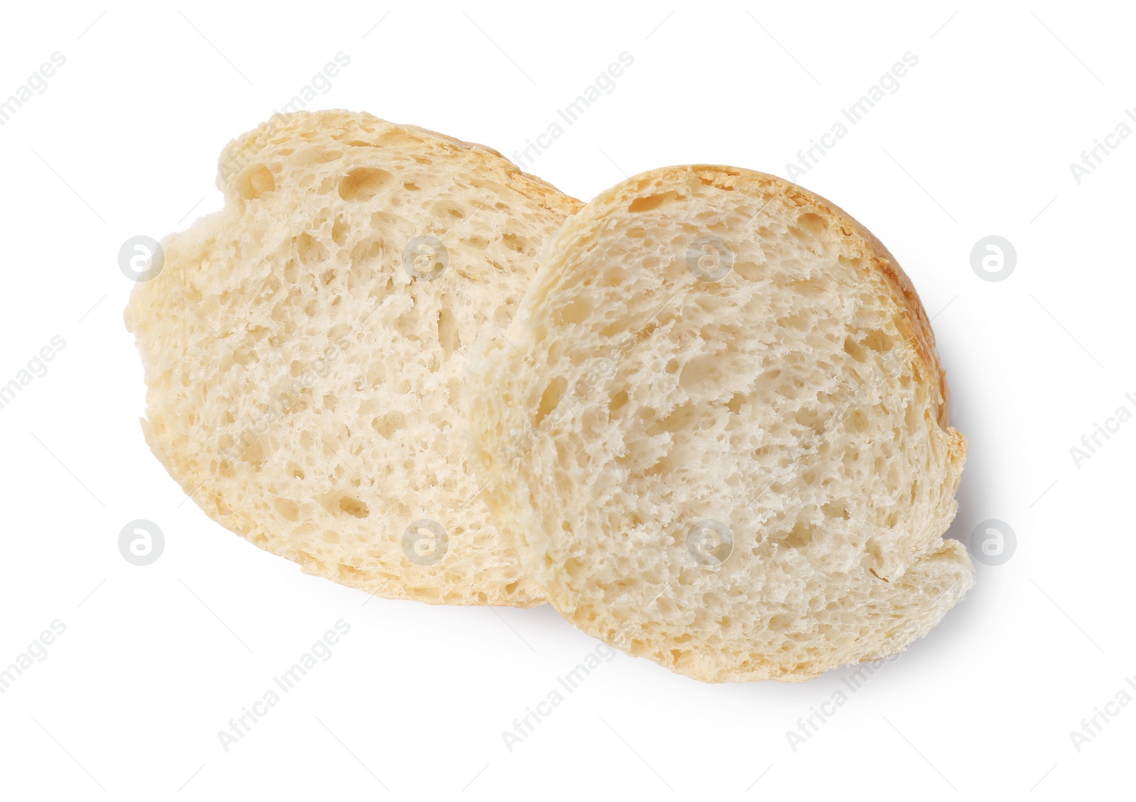 Photo of Pieces of fresh baguette isolated on white, top view