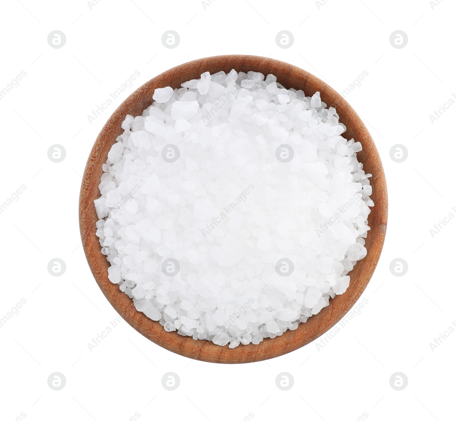 Photo of Natural sea salt in wooden bowl isolated on white