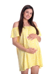 Beautiful pregnant young woman on white background