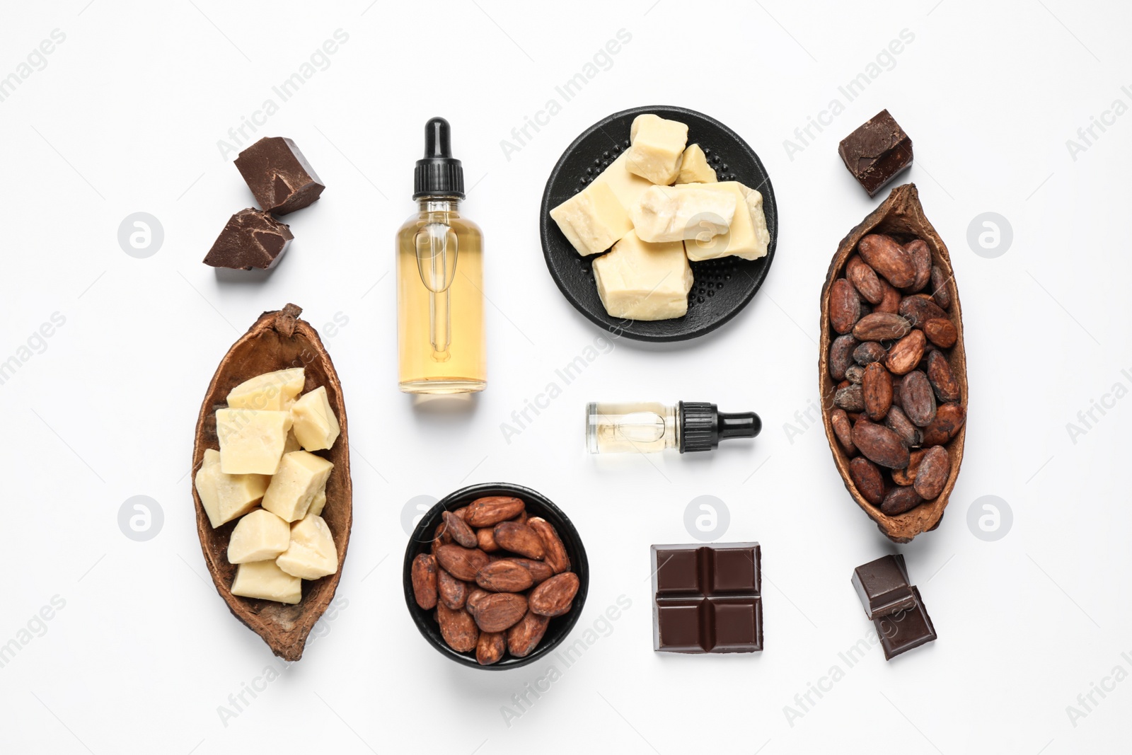 Photo of Composition with organic cocoa butter on white background, top view