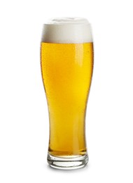 Photo of Glass of tasty light beer on white background