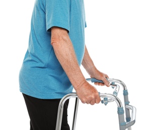 Photo of Elderly man using walking frame isolated on white, closeup