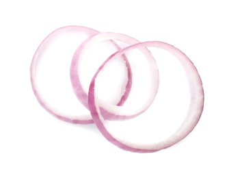 Photo of Raw red onion rings isolated on white, top view