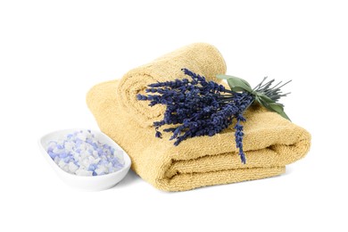 Photo of Spa composition. Towels, sea salt and lavender flowers on white background