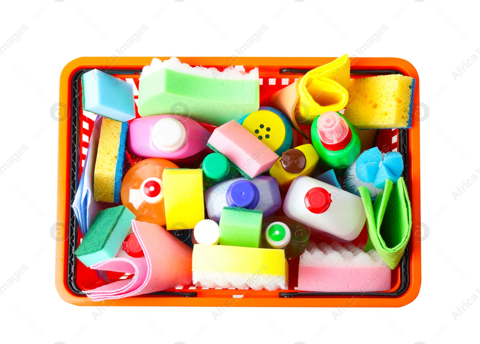 Photo of Shopping basket with different detergents on white background, top view