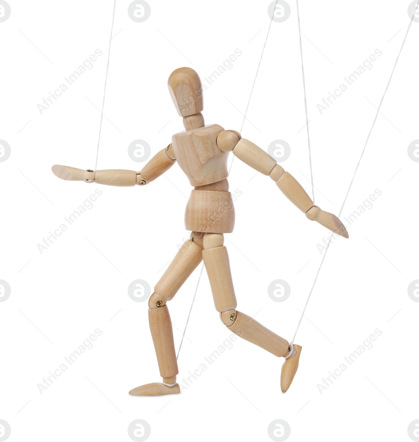 Photo of One wooden puppet with strings on white background