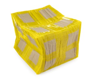 Crumpled cardboard parcel box with yellow sticky tape on white background