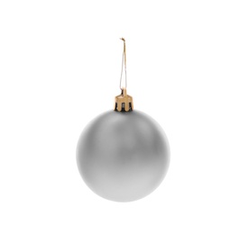 Photo of Beautiful Christmas ball hanging on white background