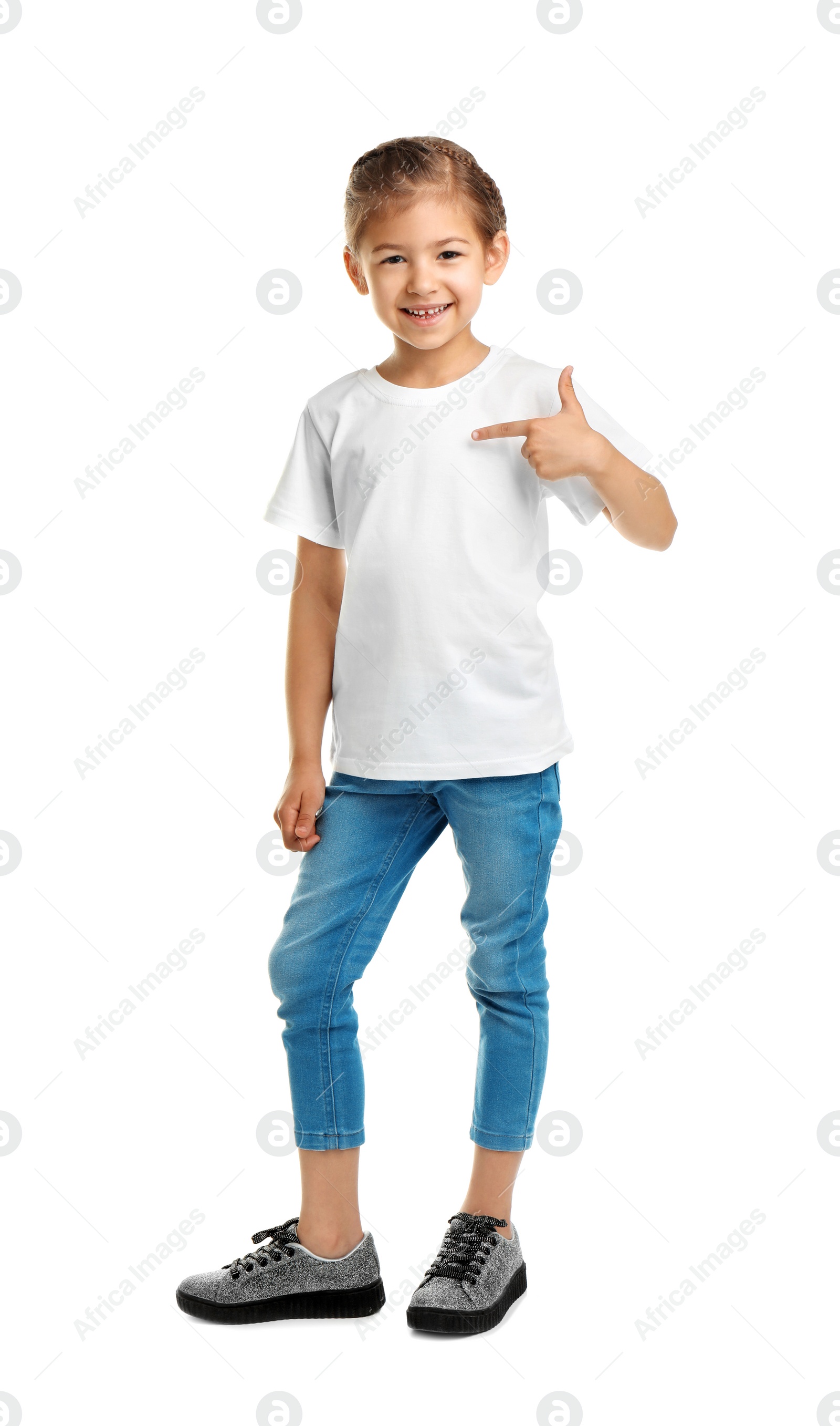 Photo of Little girl in t-shirt on white background. Mockup for design