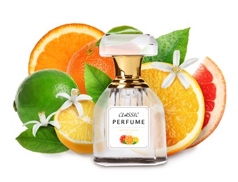 Image of Bottle of perfume with citrus scent on white background