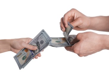 Photo of Money exchange. Man giving dollar banknotes to woman on white background, closeup