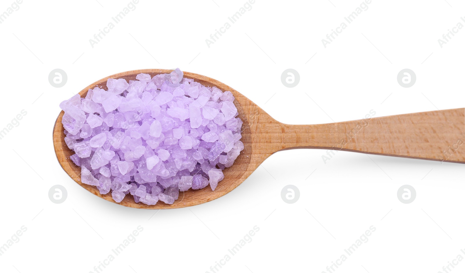 Photo of Wooden spoon with violet sea salt isolated on white, top view