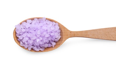 Photo of Wooden spoon with violet sea salt isolated on white, top view