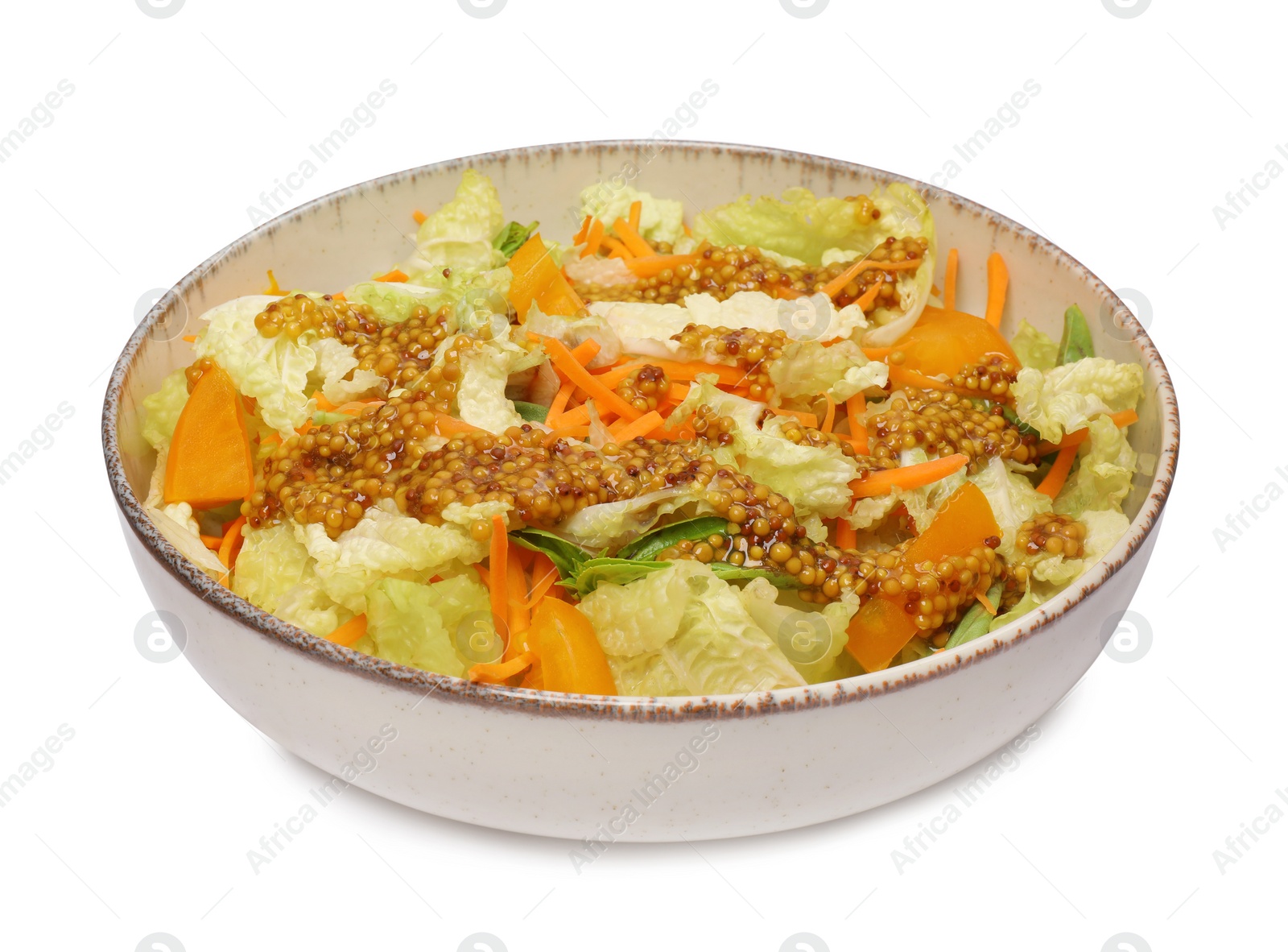 Photo of Delicious salad with Chinese cabbage and mustard seed dressing isolated on white