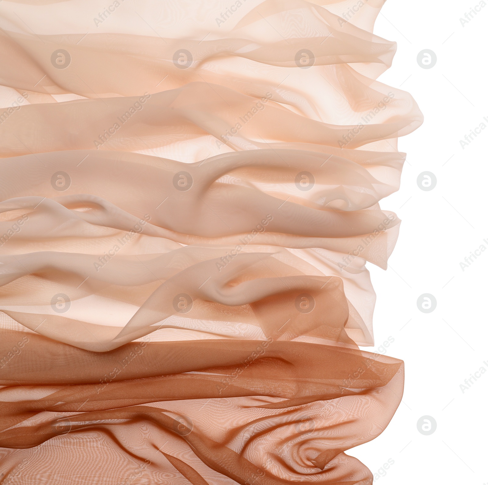Photo of Beautiful colorful tulle fabrics on white background, top view. Space for text
