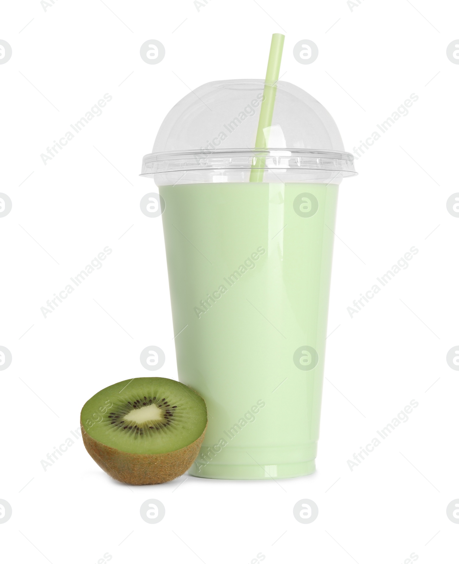 Photo of Delicious smoothie in plastic cup and fresh kiwi isolated on white