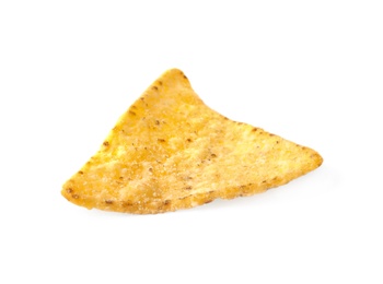 Photo of Tasty Mexican nacho chip on white background