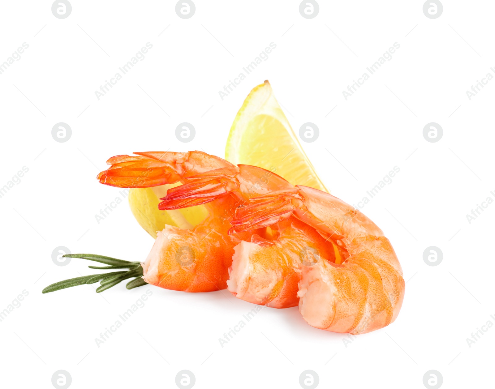 Photo of Delicious cooked shrimps, lemon and rosemary isolated on white