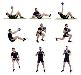 Athletic man doing different exercises with medicine ball on white background, collage